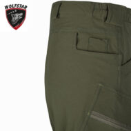 Olive green cargo pants showing back pocket and a zippered side pocket; Wolfstar brand shield logo in the top-left corner