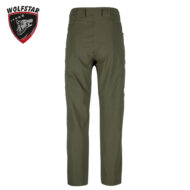 Back view of olive green tactical pants with belt loops and reinforced knee seams, Wolfstar logo in the top-left corner