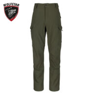 Olive green cargo pants with multiple pockets and a button closure, Wolfstar logo in the top-left corner.
