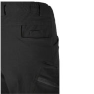 Close-up of black pants showing back pocket with small flap, a coin pocket, and a zippered side pocket on the thigh area.