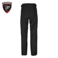 Back view of full-length black athletic pants with belt loops on a white background.
