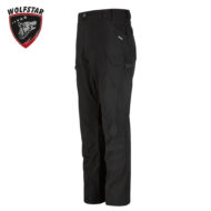 Black outdoor cargo pants with multiple pockets, waistband and reinforced knees, positioned beside a Wolfstar logo.