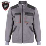 Grey work jacket with black shoulder panels, multiple front pockets with orange trim, and a front zipper; Wolfstar logo in the upper left corner.