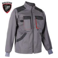 Grey work jacket with multiple front pockets, zippers, and red accents; features black reinforced patches and ribbed cuffs, Wolfstar logo in corner
