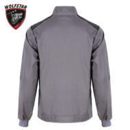 Back view of a grey windbreaker jacket with dark shoulder panels and light stitching; Wolfstar logo in the upper left corner.