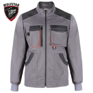 Grey work jacket with black shoulder panels, multiple front pockets with orange trim, and a front zipper; Wolfstar logo in the upper left corner.