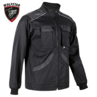 Black zip-up utility jacket with multiple chest and bottom pockets and a Wolfstar logo in the corner of the image.