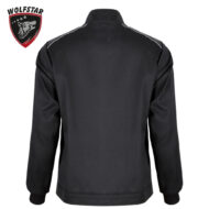 Back view of a black jacket with white shoulder piping; Wolfstar logo in the top-left corner