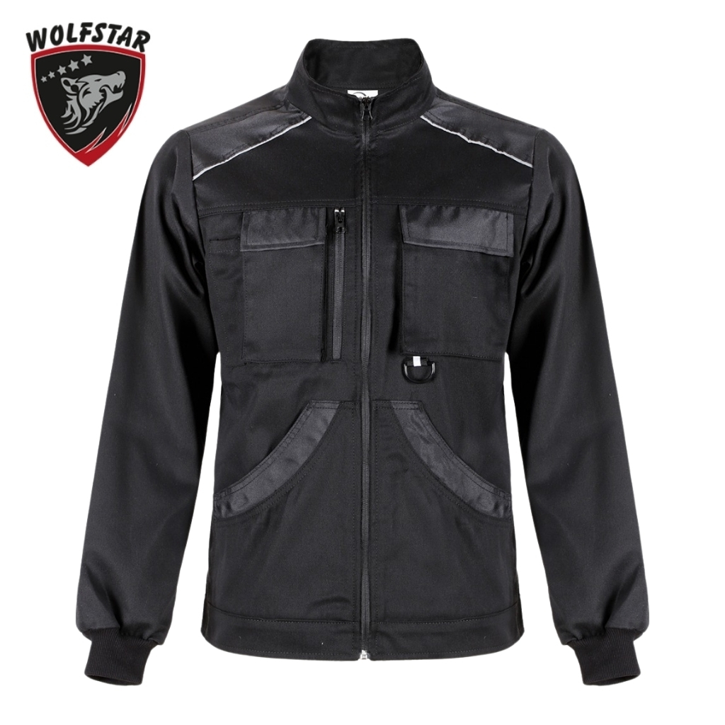 Black zip-front jacket with multiple exterior pockets and reinforced panels; Wolfstar logo in corner.