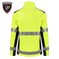 Back view of a neon-yellow high-visibility safety jacket with two silver reflective bands across the torso and black side panels; Wolfstar logo in the top-left corner.