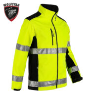 High-visibility neon yellow safety jacket with reflective silver stripes, black panels, and multiple zip pockets; front zipper closure.