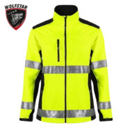 High-visibility yellow safety jacket with reflective silver bands and front zipper. Includes a chest pocket and black side panels. Wolfstar logo in the top left corner.