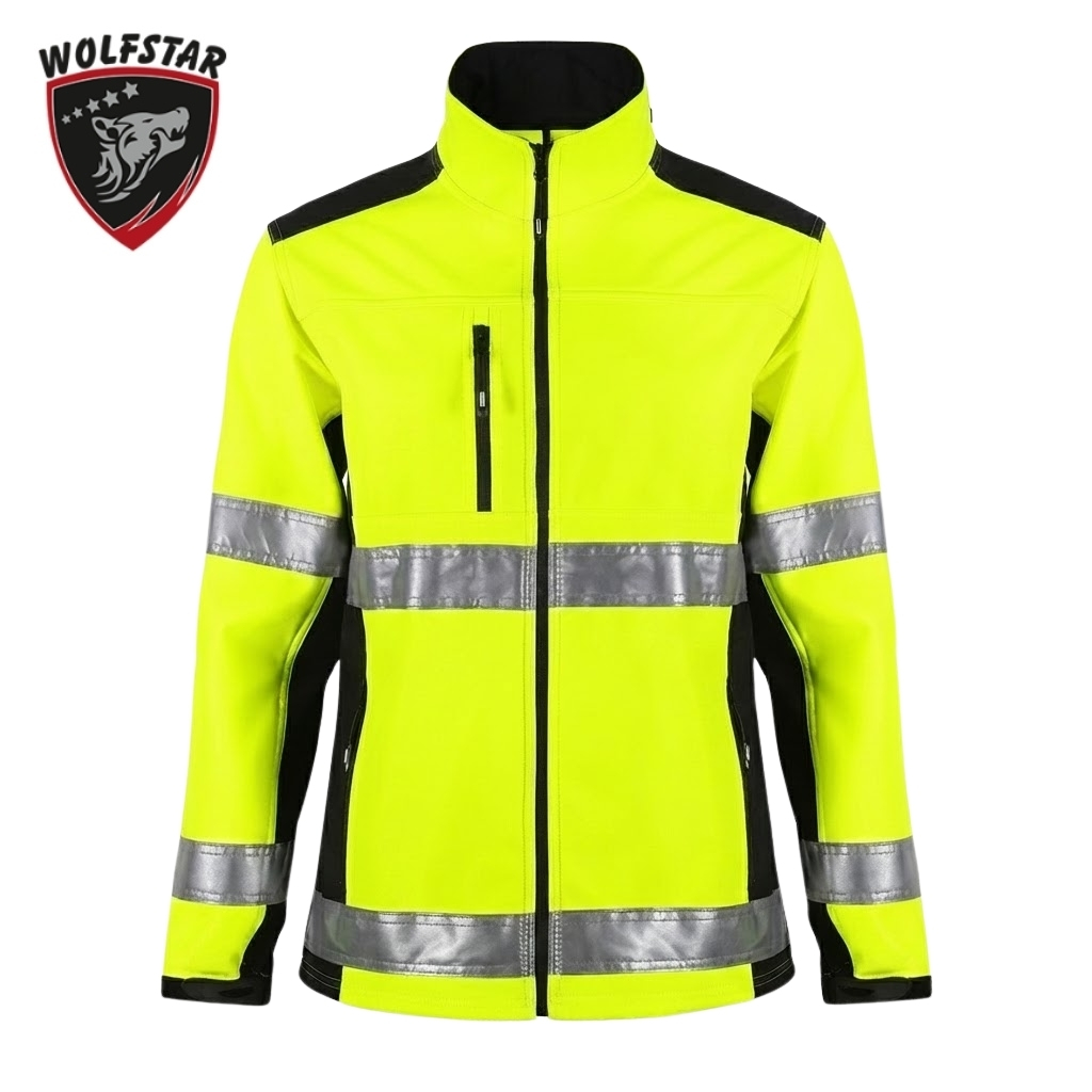 High-visibility yellow safety jacket with reflective silver bands and front zipper. Includes a chest pocket and black side panels. Wolfstar logo in the top left corner.