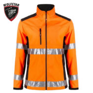 Orange high-visibility jacket with reflective silver bands and front zipper, chest pocket visible, black accents on shoulders.