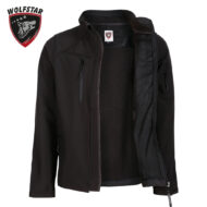 Black Wolfstar jacket with a front zipper, vertical chest pocket, and inner mesh lining visible where unzipped, brand badge at the collar.