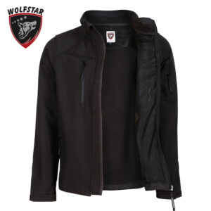 Black Wolfstar jacket with a front zipper, vertical chest pocket, and inner mesh lining visible where unzipped, brand badge at the collar.