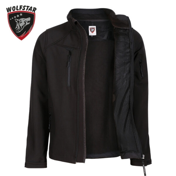 Black Wolfstar jacket with a front zipper, vertical chest pocket, and inner mesh lining visible where unzipped, brand badge at the collar.