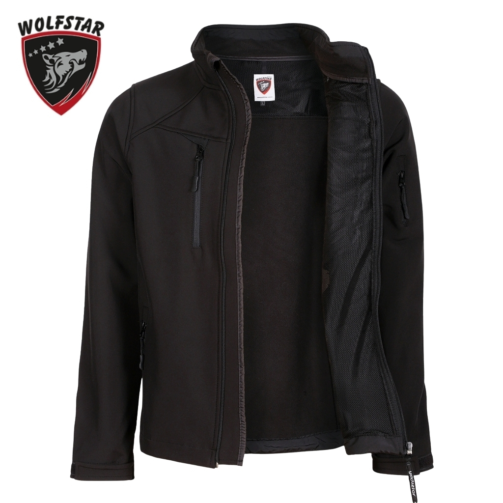 Black Wolfstar jacket with a front zipper, vertical chest pocket, and inner mesh lining visible where unzipped, brand badge at the collar.