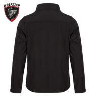 Back view of a black jacket, with a Wolfstar logo badge in the top-left corner.