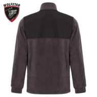 Back view of a charcoal fleece jacket with a black yoke across the shoulders; Wolfstar logo in the top-left corner