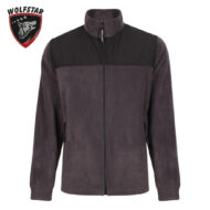Dark gray fleece jacket with black yoke, full-zip front, and zip pockets; Wolfstar branding visible at left.