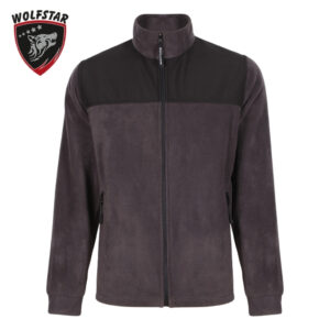 Dark gray fleece jacket with black yoke, full-zip front, and zip pockets; Wolfstar branding visible at left.