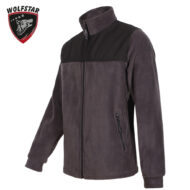 Dark gray fleece jacket with a black yoke, full-length zipper, and zippered side pocket, Wolfstar branding visible on the top-left.