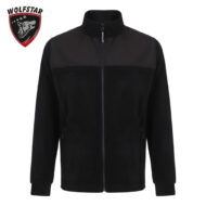 Black zip-front jacket with a darker chest panel, stand collar, and side pockets; Wolfstar logo in the top-left corner.