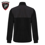 Back view of a black two-tone fleece jacket with a darker upper panel and ribbed cuffs; Wolfstar shield logo in the top-left corner.