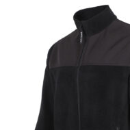 Black zip-up jacket with a high stand-up collar and two-tone chest panel in dark gray, front zipper partially closed.
