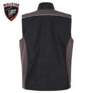 Back view of a two-tone vest: black center panels with brown side panels, white shoulder stitching, black collar; Wolfstar logo in the top-left corner.