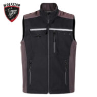 Black and brown outdoor vest with multiple zip pockets and a small snap pocket, Wolstar logo visible on the left.
