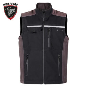 Black and brown outdoor vest with multiple zip pockets and a small snap pocket, Wolstar logo visible on the left.
