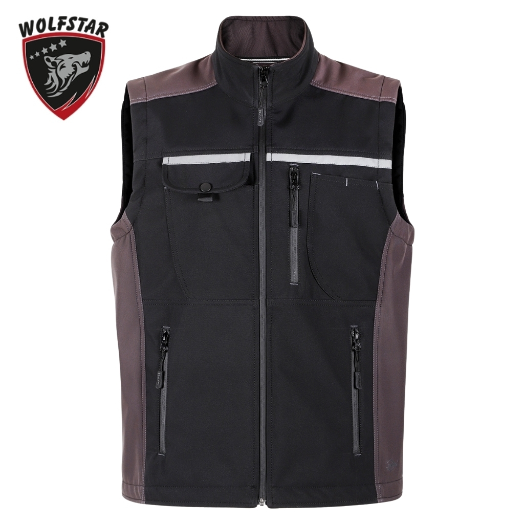 Black and brown outdoor vest with multiple zip pockets and a small snap pocket, Wolstar logo visible on the left.