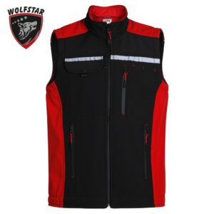 Black and red outdoor vest with multiple zip pockets and a stand collar, Wolfstar logo in the top-left corner.