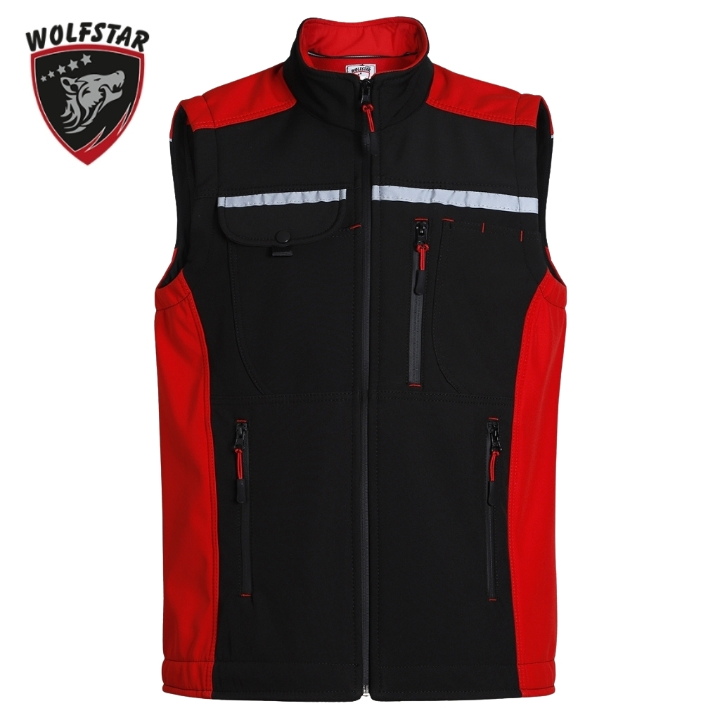 Black and red outdoor vest with multiple zip pockets and a stand collar, Wolfstar logo in the top-left corner.