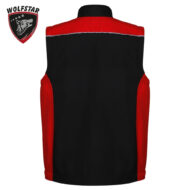 Back view of a black sleeveless vest with red side panels and red shoulders, white piping along the upper seam; Wolfstar logo in the upper left corner.