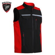 Black and red utility vest with multiple zip pockets and a reflective chest stripe; Wolfstar logo appears in the top-left corner.