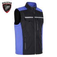 Black and blue sleeveless zip vest with multiple pockets, front zipper, and a high collar on a white background; Wolfstar logo area visible in top-left corner.