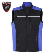 Black and cobalt blue utility vest with multiple zip pockets and a chest pocket, front view; Wolfstar logo in the upper-left corner.