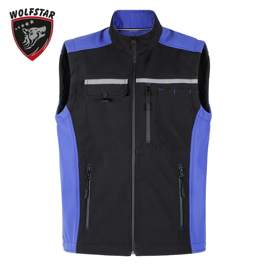 Black and cobalt blue utility vest with multiple zip pockets and a chest pocket, front view; Wolfstar logo in the upper-left corner.