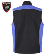 Back view of a black vest with blue side panels and a blue yoke at the shoulders.