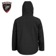 Back view of a black hooded jacket with long sleeves and a curved hem; Wolfstar logo appears in the top-left corner.
