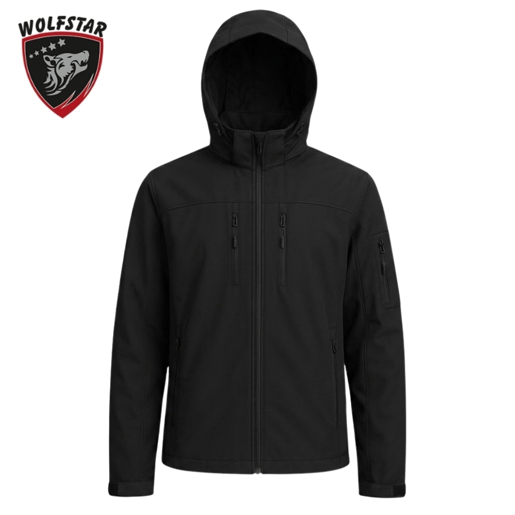 Black hooded jacket with full front zipper and two vertical zip pockets on the chest; Wolfstar shield logo in the upper left corner