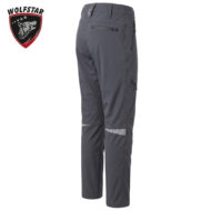 Gray outdoor cargo pants with zip pockets and reflective knee stripes; Wolfstar logo in corner.