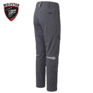 Gray outdoor cargo pants with zip pockets and reflective knee stripes; Wolfstar logo in corner.