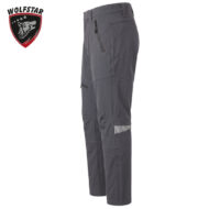 Grey outdoor cargo pants with a zip pocket and knee-reinforcement panels; Wolfstar logo in the top-left corner.