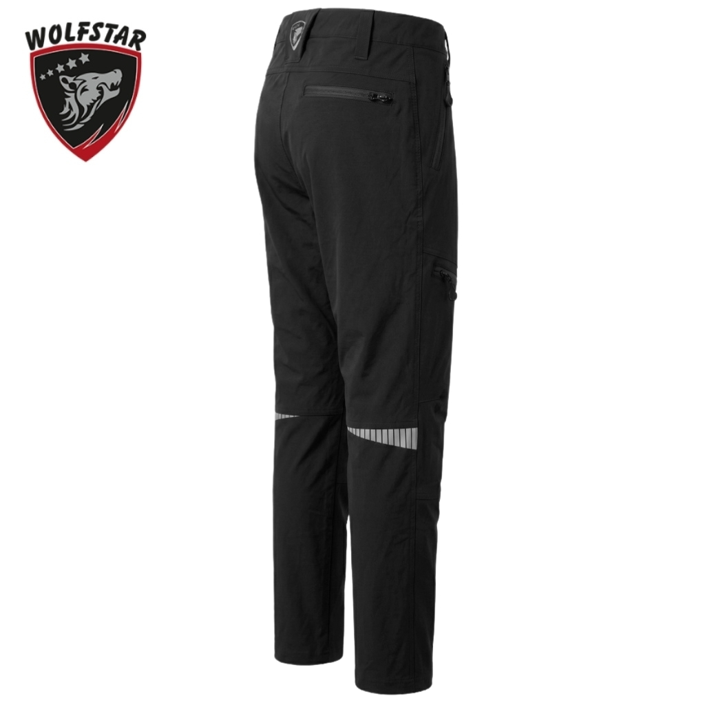 Black tactical pants with zip pockets and subtle reflective bands around the calves. Wolfstar logo appears in the corner.