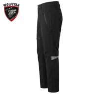 Black tactical pants with zippered side pocket and cargo pocket, featuring subtle reflective stripes at the knee and a clean, tapered fit. Wolfstar logo appears in the top-left corner of the image.