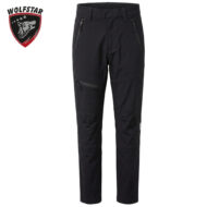 Black outdoor pants with zippered pockets and knee panels, front view.